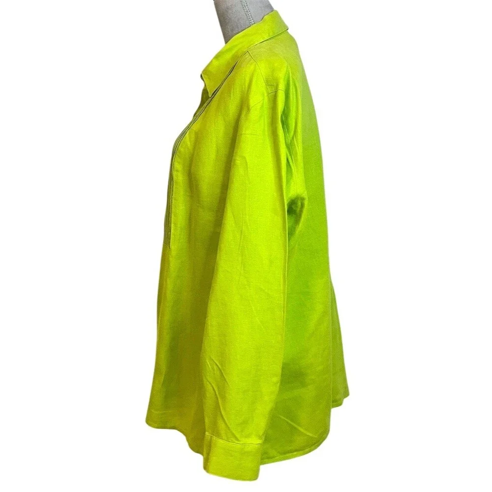 100% Linen Pintuck Pleated Top Green Workwear Vacation Lightweight Breathable - Picture 3 of 9